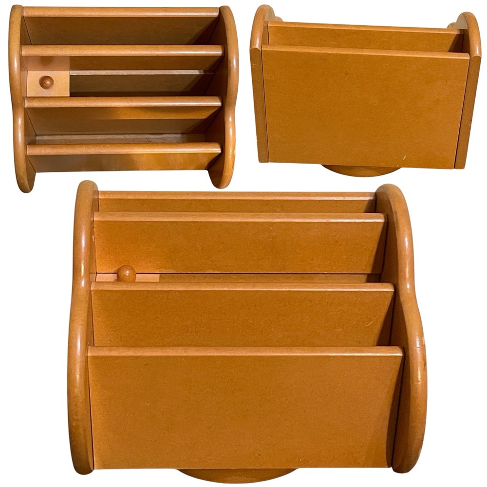 Vintage Wooden Desk Organizer With Rotating Base & Multiple Compartments